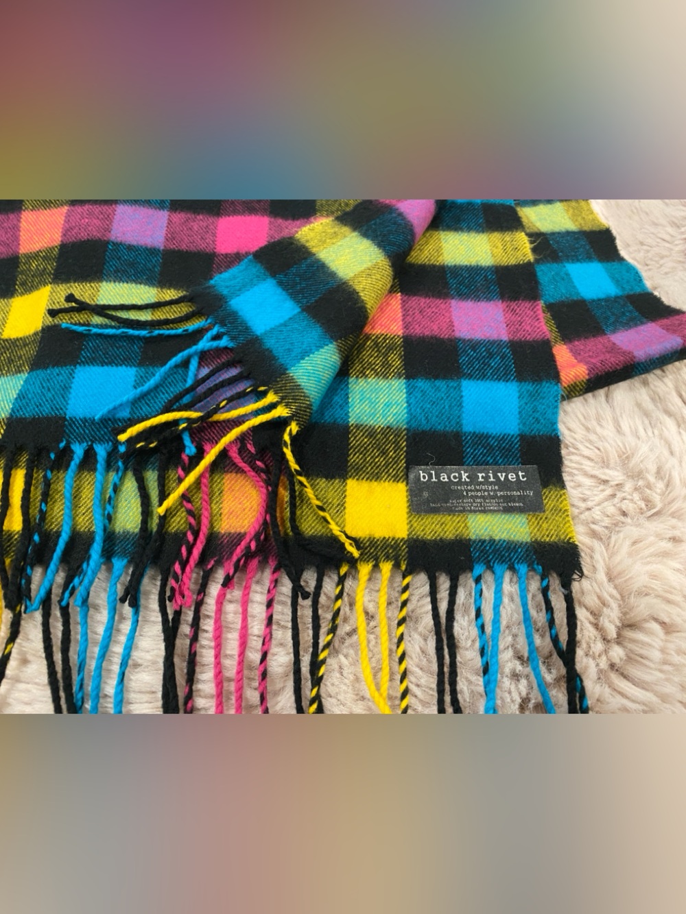 Rare: Black Rivet Multicolor Plaid Fringe Scarf with Blue, Pink & Yellow